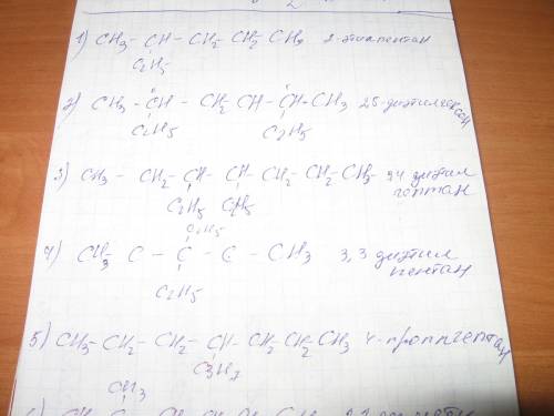 Составить формулы веществ. 2-этилпентан, 2, 5-диэтилгексан, 3, 4-диэтилгептан, 3, 3-диэтилпентан, 4-