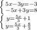 \left \{ {{5x-3y=-3} \atop {-5x+3y=8}} \right. &#10;\\\&#10; \left \{ {{y= \frac{5x}{3}+1 } \atop {y= \frac{5x}{3}+ \frac{8}{3} }} \right.