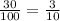 \frac{30}{100}=\frac3{10}