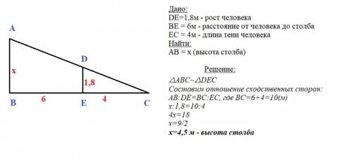 Человек ростом 1.8м стоит на расстоянии 6м от столба на котором висит фонарь. человек отбрасывает те