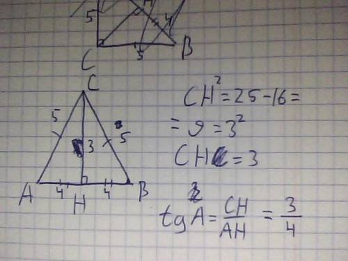 Втреугольнике abc, ac=bc=5, ab=8, ch- высота. найти tga