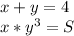 x+y=4\\&#10;x*y^3=S