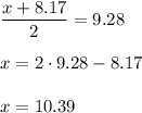 \dfrac{x+8.17}{2} =9.28\\&#10;\\&#10;x=2\cdot 9.28-8.17\\&#10;\\&#10;x=10.39&#10;