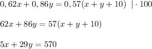 0,62x+0,86y=0,57(x+y+10)\; \; |\cdot 100\\\\62x+86y=57(x+y+10)\\\\5x+29y=570