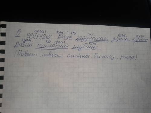 Пунктуационный разбор предложения о красном вечере задумалась дорога, кусты рябин туманней глубины.