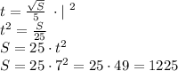 t= \frac{ \sqrt{S} }{5} \; \cdot | \; ^{2} \\ t^{2}= \frac{S}{25} \\ S=25 \cdot t^{2} \\ S=25 \cdot 7^{2} =25 \cdot 49 =1225