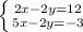 \left \{ {{2x-2y=12} \atop {5x-2y=-3}} \right.