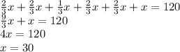 \frac{2}{3} x+ \frac{2}{3}x+ \frac{1}{3} x+ \frac{2}{3}x+ \frac{2}{3} x+x=120 \\ &#10; \frac{9}{3} x+x=120 \\ &#10;4x=120 \\ &#10;x=30