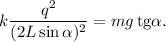 k\dfrac{q^2}{(2L\sin\alpha)^2} = mg\,\text{tg}\alpha.