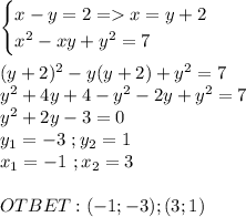 \begin{cases}x-y=2=x=y+2\\x^2-xy+y^2=7\end{cases}\\\\(y+2)^2-y(y+2)+y^2=7\\y^2+4y+4-y^2-2y+y^2=7\\y^2+2y-3=0\\y_1=-3\ ;y_2=1\\x_1=-1\ ;x_2=3\\\\OTBET:(-1;-3);(3;1)