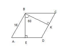 Впараллелограмме abcd ab = 16 см, be и bk - соответственно высоты, проведённые к сторонам ad и cd. ∠