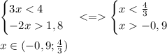 \begin{cases}3x<4\\-2x1,8\end{cases}<=\begin{cases}x<\frac{4}{3}\\x-0,9\end{cases}\\\\x\in(-0,9;\frac{4}{3})