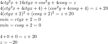 4ctg^2x+16ctgx+cos^2y+4cosy=z\\&#10;4(ctg^2x+4ctgx+4)+(cos^2y+4cosy+4)=z+20\\&#10;4(ctgx+2)^2+(cosy+2)^2=z+20\\&#10;min=ctgx+2=0\\&#10;min=cosy+2=0\\\\&#10;4*0+0=z+20\\&#10;z=-20&#10;