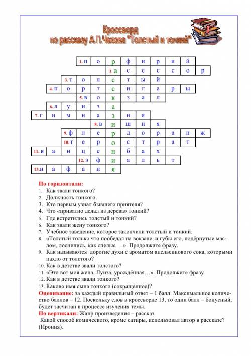 Составить кроссворд на тему тонкий и толстый. 10 вопросов 5 вертикально и пять гаризонтально