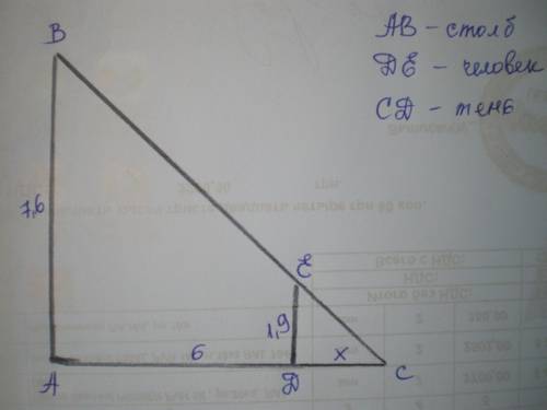 Человек,ростом 1.9 стоит на расстоянии 6 метров от столба,на котором висит фонарь на высоте 7.6 м. н