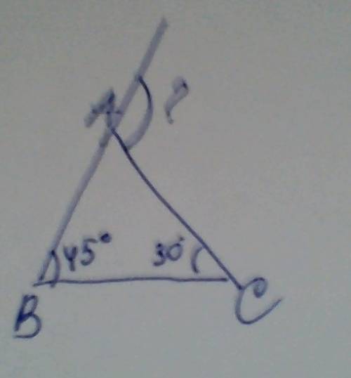 Втреугольнике авс угол в 45', а угол с на 15' меньше угла в. найдите внешний угол при вершине а