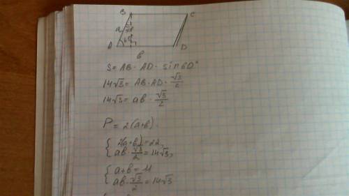Ізнайдіть сторони паралелограма з гострим кутом 60 градусів, якщо його площа дорівнює 14√3 см², а пе
