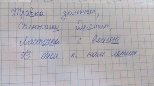 Травка зеленеет, солнышко блестит, ласточка с весною в сени к нам летит. подчеркните изученные орфог