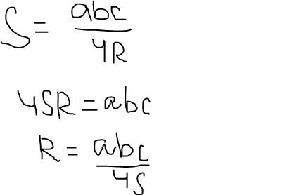 Из формулы площади треугольника s=abc: 4r выразите радиус r