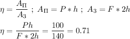\eta = \dfrac{A_\Pi}{A_3} \ ; \ A_\Pi = P * h \ ; \ A_3 = F * 2h\\ \\ \eta = \dfrac{Ph}{F*2h} = \dfrac{100}{140} = 0.71