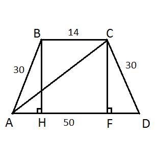 Основания равнобедренной трапеции равны 14 и 50, боковая сторона равна 30. найдите длину диагонали т
