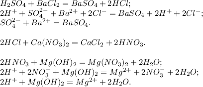 H_2SO_4 + BaCl_2 = BaSO_4 + 2HCl; \\ 
2H^{+} + SO_4^{2-} + Ba^{2+} + 2Cl^{-} = BaSO_4 + 2H^{+} + 2Cl^{-}; \\ 
SO_4^{2-} + Ba^{2+} = BaSO_4. \\ \\ 
2HCl + Ca(NO_3)_2 = CaCl_2 + 2HNO_3. \\ \\ 
2HNO_3 + Mg(OH)_2 = Mg(NO_3)_2 + 2H_2O; \\ 
2H^{+} + 2NO_3^{-} + Mg(OH)_2 = Mg^{2+} + 2NO_3^{-} + 2H_2O; \\ 
2H^{+} + Mg(OH)_2 = Mg^{2+} + 2H_2O.