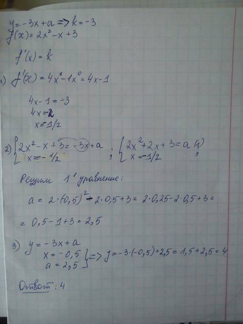 Прямая y= -3x+а является касательной к графику функции f(x )=2x²-x+3 .найдите ординату точки касания