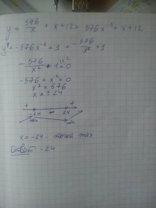 Найдите точку максимума : y=(576/x) + x + 12