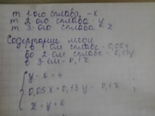 Первый сплав содержит 5% меди,второй 13% меди. масса второго сплава больше массы первого на 4 кг. из