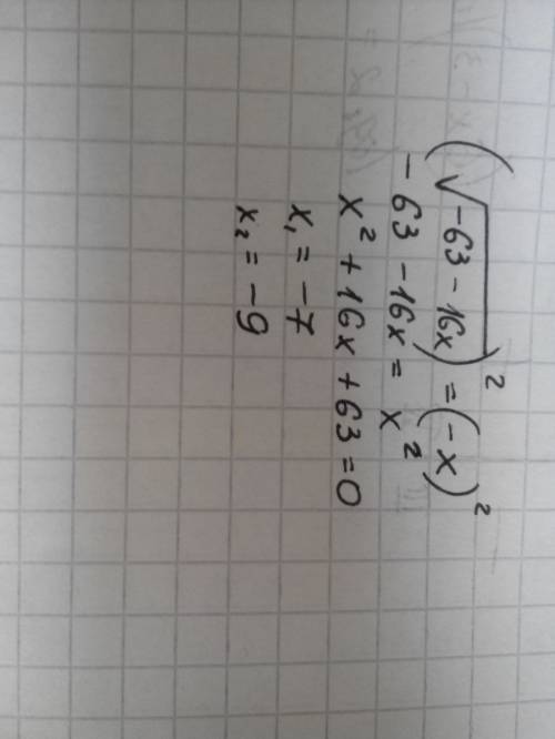 Подробно объясните как решить это уравнение: корень из -63 -16x = -х