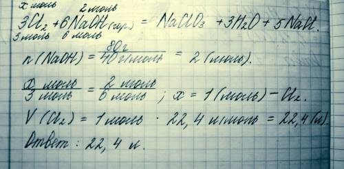 Какой объем хлора потребуется для взаимодействия с 80 гр. naoh по уравнению реакции: cl2 + naoh(горя