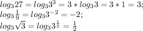 log_327=log_33^3=3*log_33=3*1=3; \\ log_3 \frac{1}{9}=log_33^{-2}=-2; \\ log_3 \sqrt{3}=log_33^ \frac{1}{2}= \frac{1}{2}