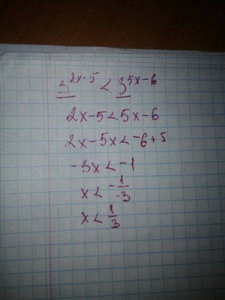 Решите неравенство 3^(2x-5) < 3^(5x-6)