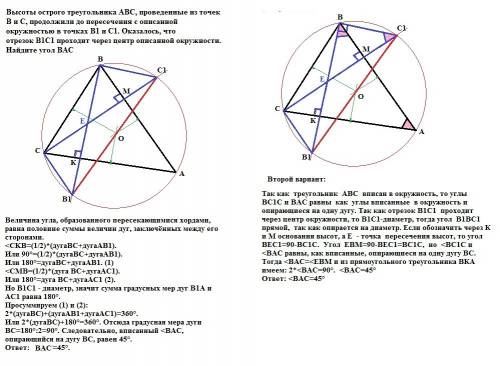 Высоты острого треугольника abc, проведенные из точек b и c, продолжили до пересечения с описанной о