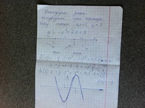 Исследуйте функциб и постройте ее график. d(x)= - 1/3x^3+x^2+3x-4