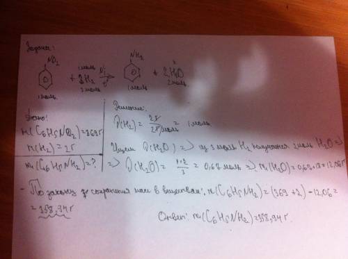 Определите массу амина, полученного при взаимодействии 369 г нитробензола и 2 г водорода. решение !