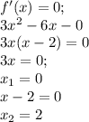 f'(x)=0; \\ 3x^2-6x-0 \\ 3x(x-2)=0 \\ 3x=0; \\ x_1=0 \\ x-2=0 \\ x_2=2