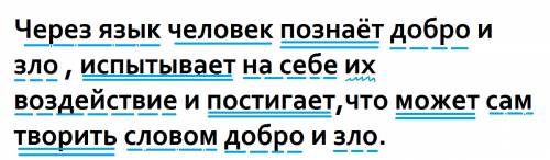 )сделайте синтаксический разбор предложения: ) через язык человек познаёт добро и зло , испытывает н