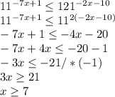 11 ^{-7x+1} \leq 121 ^{-2x-10} \\ 11 ^{-7x+1} \leq 11^{2(-2x-10)} \\ -7x+1 \leq -4x-20 \\ -7x+4x \leq -20-1 \\ -3x \leq -21/*(-1) \\ 3x \geq 21 \\ x \geq 7