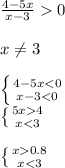 \frac{4-5x}{x-3} 0 \\ \\ x \neq 3 \\ \\ \left \{ {{4-5x<0} \atop {x-3<0}} \right. \\ \left \{ {{5x4} \atop {x<3}} \right. \\ \\ \left \{ {{x0.8} \atop {x<3}} \right.