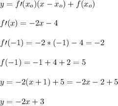 \\y=f\prime(x_o)(x-x_o)+f(x_o) \\ \\f\prime(x)=-2x-4 \\ \\f\prime(-1)=-2*(-1)-4=-2 \\ \\f(-1)=-1+4+2=5 \\ \\y=-2(x+1)+5=-2x-2+5 \\ \\y=-2x+3