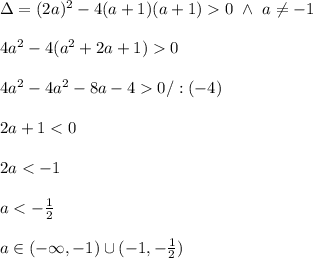 \\\Delta=(2a)^2-4(a+1)(a+1)0 \ \wedge \ a\neq-1&#10;\\&#10;\\4a^2-4(a^2+2a+1)0&#10;\\&#10;\\4a^2-4a^2-8a-40/:(-4)&#10;\\&#10;\\2a+1