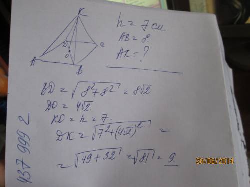 Высота правильной четырехугольный пирамиды равна 7 см, а сторона основания 8 см. определить боковое