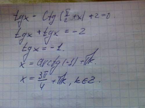 Tg x-ctg (пи/2+ x)+2 =0 найдите все решения уравнения