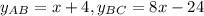 y_{AB}=x+4, y_{BC}=8x-24