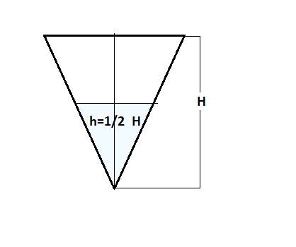 Всосуде , имеющем форму конуса, уровень жидкости достигает половины высоты .объем жидкости равен 70м
