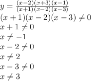 y= \frac{(x-2)(x+3)(x-1)}{(x+1)(x-2)(x-3)} \\ (x+1)(x-2)(x-3) \neq 0 \\ x+1 \neq 0 \\ x \neq -1 \\ x-2 \neq 0 \\ x \neq 2 \\ x-3 \neq 0 \\ x \neq 3