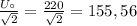 \frac{U_а}{ \sqrt{2} } = \frac{220}{ \sqrt{2} } =155,56