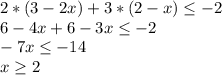 2*(3-2x)+3*(2-x) \leq -2 \\ 6-4x+6-3x \leq -2 \\ -7x \leq -14 \\ x \geq 2