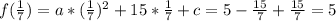 f(\frac{1}{7})=a*(\frac{1}{7})^2+15*\frac{1}{7}+c=5-\frac{15}{7}+\frac{15}{7}=5